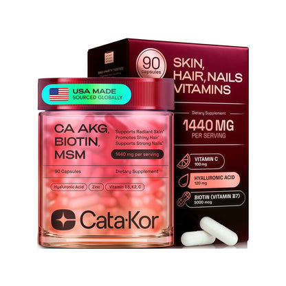 Cata-Kor Hair Skin and Nails Supplement with Biotin | Ca AKG | MSM | Hyaluronic Acid | Vitamin C & Vitamin D3 K2 – Hair Growth Supplements - Promotes Shiny Hair & Radiant Skin