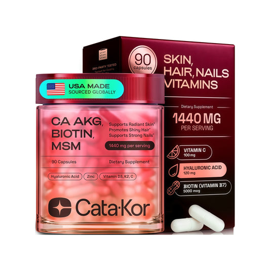 Cata-Kor Hair Skin and Nails Supplement with Biotin | Ca AKG | MSM | Hyaluronic Acid | Vitamin C & Vitamin D3 K2 – Hair Growth Supplements - Promotes Shiny Hair & Radiant Skin