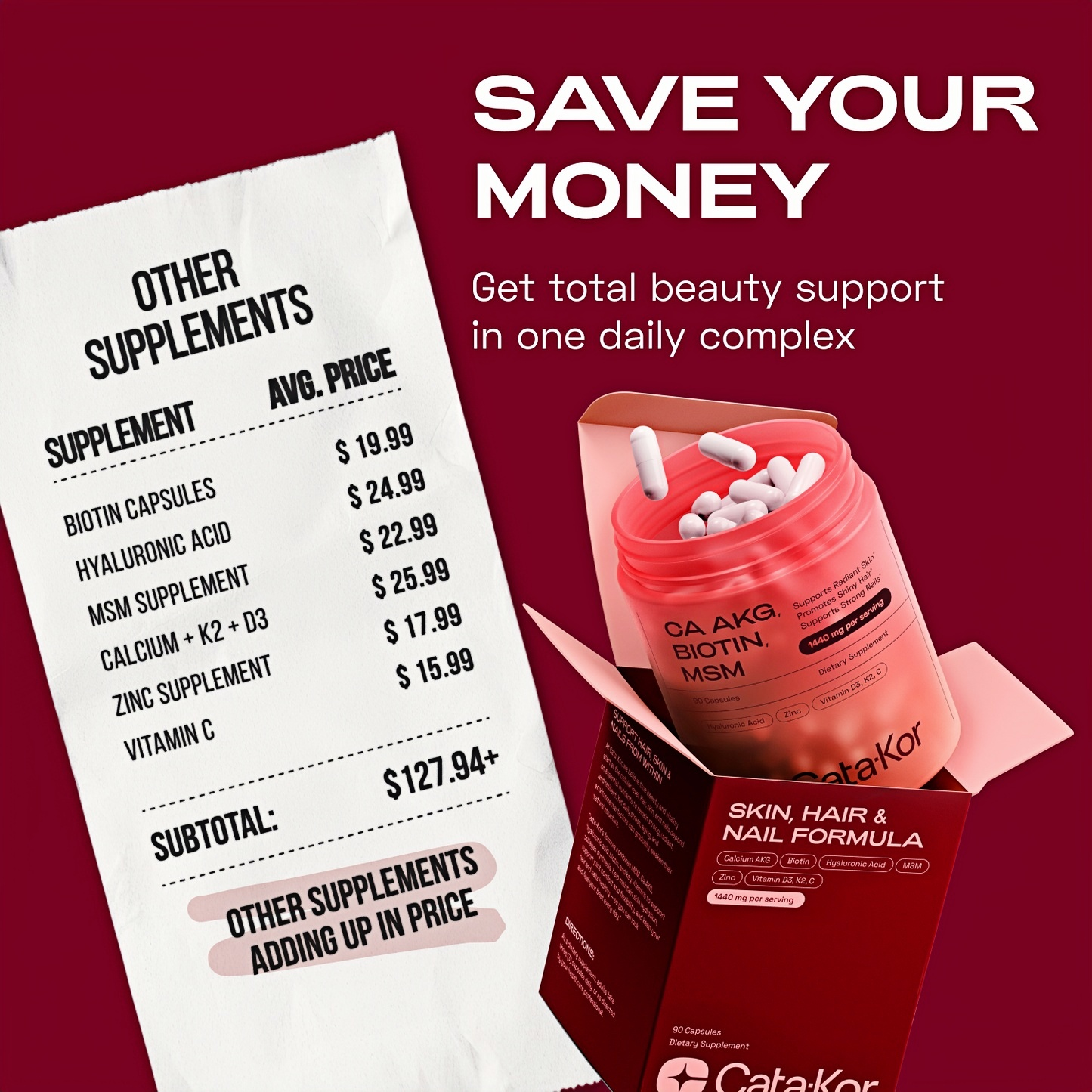 Cata-Kor Hair Skin and Nails Supplement with Biotin | Ca AKG | MSM | Hyaluronic Acid | Vitamin C & Vitamin D3 K2 – Hair Growth Supplements - Promotes Shiny Hair & Radiant Skin