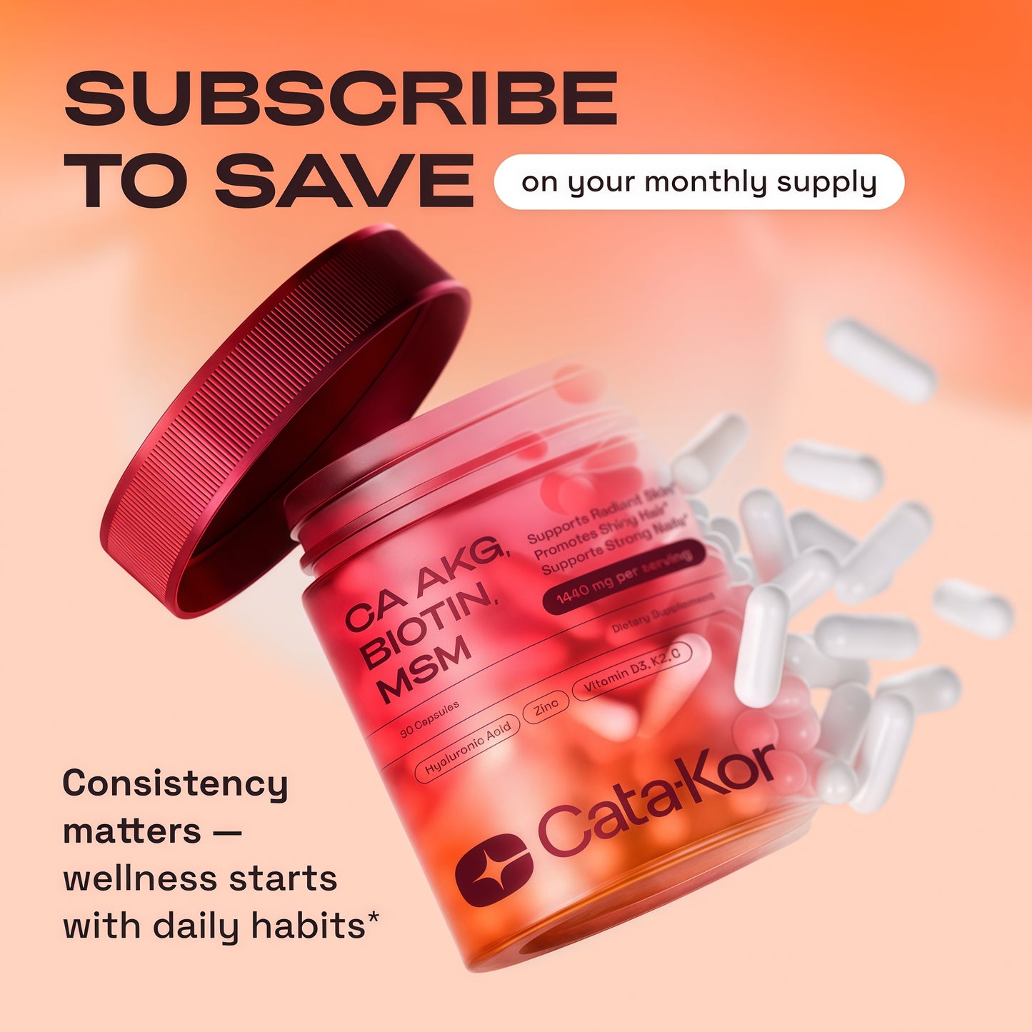 Cata-Kor Hair Skin and Nails Supplement with Biotin | Ca AKG | MSM | Hyaluronic Acid | Vitamin C & Vitamin D3 K2 – Hair Growth Supplements - Promotes Shiny Hair & Radiant Skin